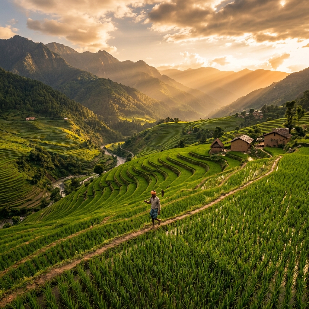 Lush green terraced farmland at golden hour